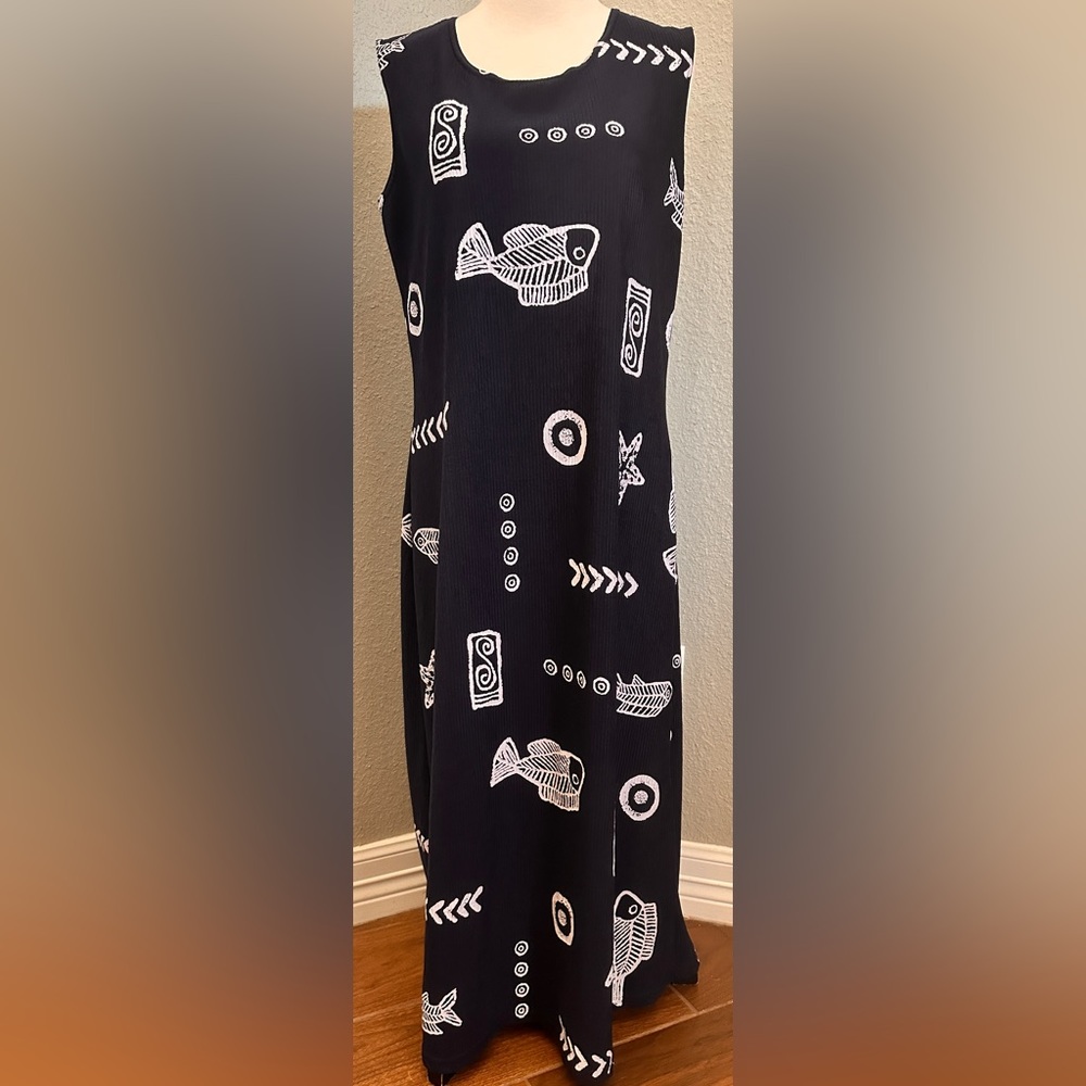 Navy & White Fish Bone Nautical T-Shirt Tank Top Maxi Dress Tribal Beach L Cover